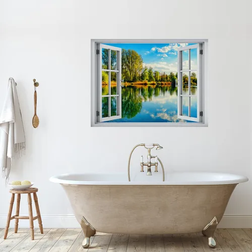 Vista 17 de wall26 Adhesivo decorativo para pared, loros verdes sentados en la rama afuera, ventana abierta, no se pega ni se pega, papel tapiz no tejido
