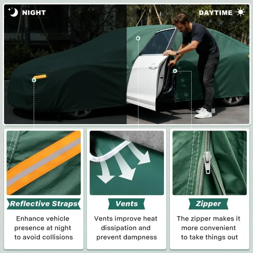 Vista 3 de GUNHYI - Funda para coche impermeable para todo tipo de clima, funda completa de 16 capas de alta resistencia para exteriores con ventilaciones Verde