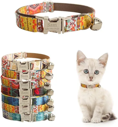 Vista 8 de Collar de gato personalizado con placa de nombre, collares ajustables de nailon resistente para identificación de gato con campana, personaliza