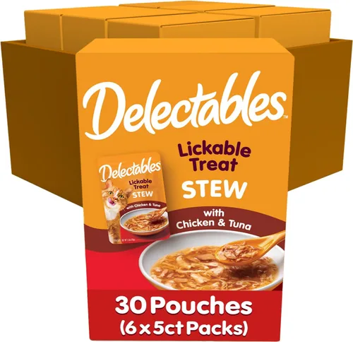 Vista 17 de Hartz Delectables Golosinas húmedas para lamer de estofado para gatos adultos y mayores, pollo y atún, 1.4 onzas (paquete de 12)