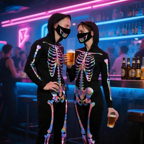 Vista 4 de Disfraz de esqueleto para mujer, neón 3D, enterizo de Body llamativo con estampado de esqueleto 3D de arcoíris para Halloween, cosplay, noche