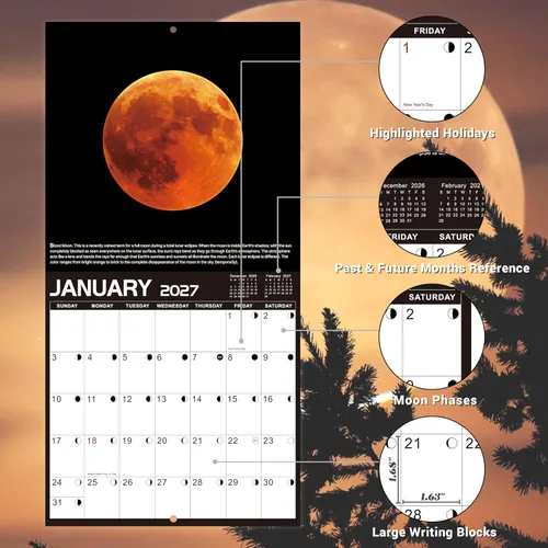 Vista 2 de Calendario de pared 2026, enero 2026 - diciembre 2026, 12 x 24 pulgadas (abierto), calendario 2026 con fases lunares, agujeros para colgar, bloques