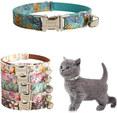 Vista 15 de Collar de gato personalizado con placa de nombre, collares ajustables de nailon resistente para identificación de gato con campana, personaliza