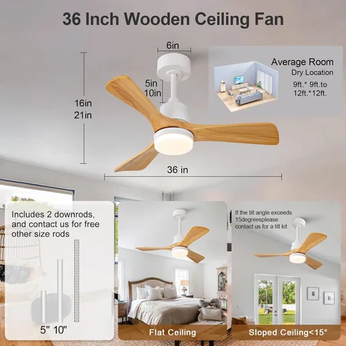 Vista 3 de Ventiladores de techo de 36 pulgadas para exteriores con luces y control remoto, ventiladores de techo de madera para exteriores regulables de 3