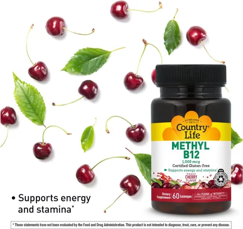 Vista 4 de Country Life Metil B12, soporta energía y resistencia, 1000 mcg, 60 pastillas, certificado sin gluten, certificado vegano