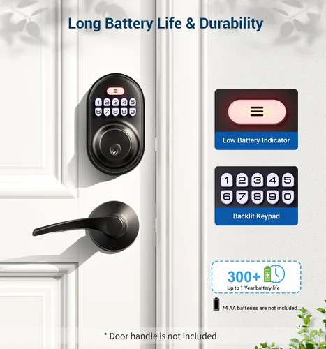 Vista 5 de Veise RZ-A - Cerradura de puerta con teclado electrónico, color negro mate Keyless Entry for Front Door, 20 Codes, Auto Lock, One-time Codes, 365