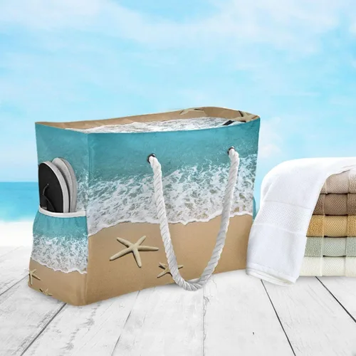 Vista 3 de Bolsas de playa para mujer, diseño de estrella de mar, bolsa grande de playa, bolsa de hombro para piscina, bolso