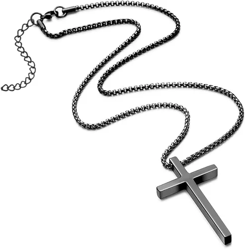 Vista 2 de Collar de cruz para hombre, pequeño mediogrande de acero inoxidable con colgante de cruz lisa para niño, cadena Rolo de 16-24 pulgadas