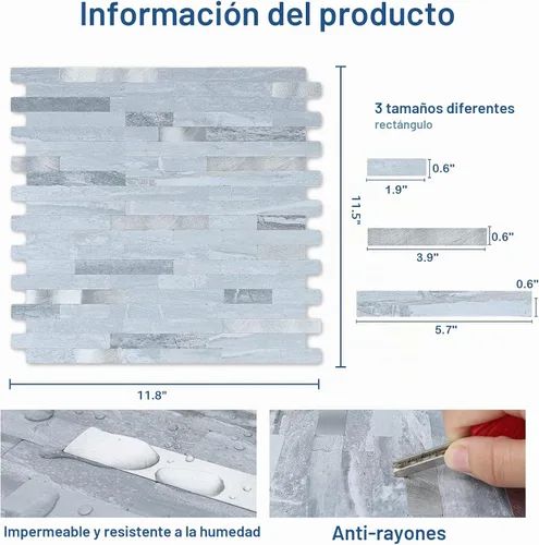 Vista 4 de Midcard 10 hojas de azulejos de salpicaduras para pelar y pegar de PVC para salpicaduras de cocina Rectangular Azul Claro con Plata Metálica