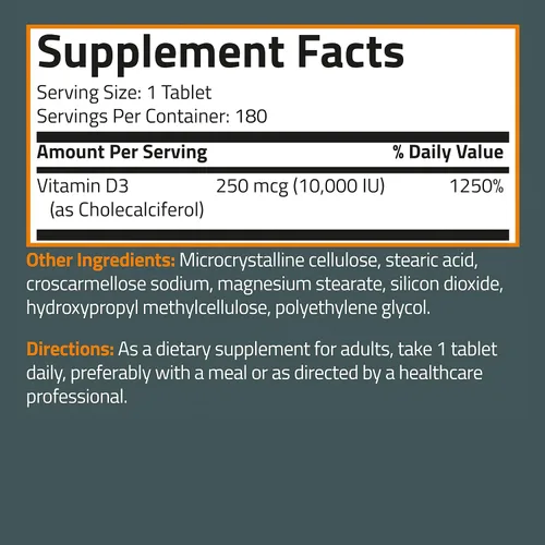 Vista 8 de Bronson Vitamina D3 10,000 UI (250 MCG) para función muscular saludable y apoyo inmunológico, sin OGM, 180 tabletas
