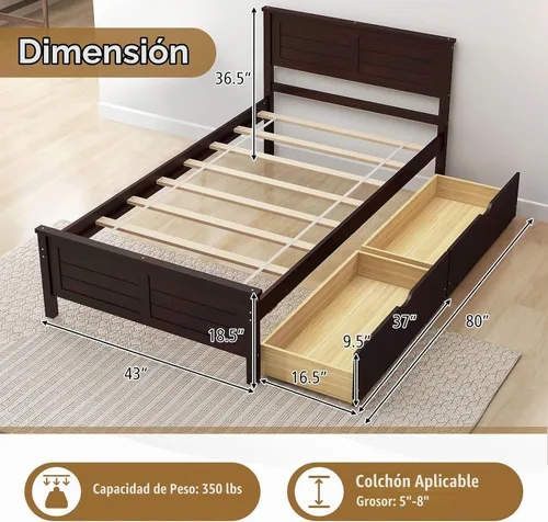 Vista 2 de KOMFOTT Marco de Cama de Madera Tamaño Twin con 2 Cajones de Almacenamiento, Marco de Cama de Plataforma de Mediados de Siglo con Cabecero, Soporte