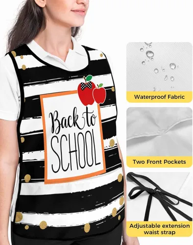 Vista 4 de Delantales de zapatero, color blanco y negro, con 2 bolsillos grandes para hombres y mujeres, diseño geométrico escolar con lazo de frutas y lunares