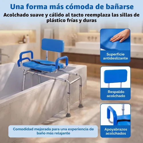 Vista 5 de Banco de transferencia deslizable para ducha con asiento giratorio Carousel, bariátrico, acolchado premium con apoyabrazos giratorios, alta Azul