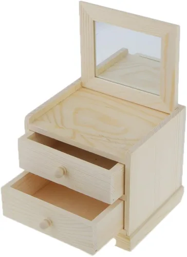 Vista 7 de dovewill Natural Unfinished Caja de joyas de madera pequeños 2cajones Pecho Caso vidrio Espejo