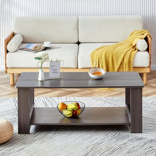 Vista 13 de Mesas de centro modernas de 2 niveles rectangulares de madera con amplio almacenamiento, perfectas para sala de estar, decoración de sala