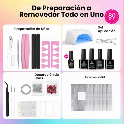Vista 2 de Beetles - Kit de esmalte de uñas de gel con luz UV, 80 unidades, 55 colores Color Enchantment with Everything Base Top Coat Beginner Starter at