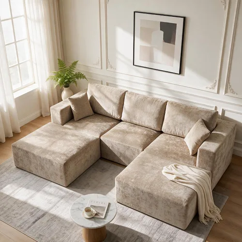 Vista 19 de WUTUTUEE Sofá modular en forma de U de 115 pulgadas, sofá modular modular de 3 plazas con 2 otomanas móviles, sofá cama convertible de pana con Beige