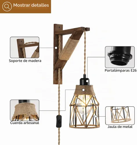 Vista 6 de Juego de 2 apliques de pared enchufables, lámparas colgantes de estilo rústico que se enchufan a la toma de pared, aplique de jaula de metal rústico