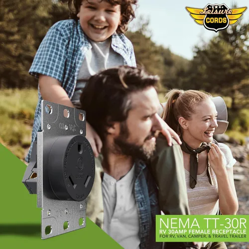Vista 9 de RV 30 amperios, 125 voltios, NEMA TT-30R, 2P, receptáculo de alimentación de 3 W, cuchilla recta, grado industrial, conexión a tierra, cable