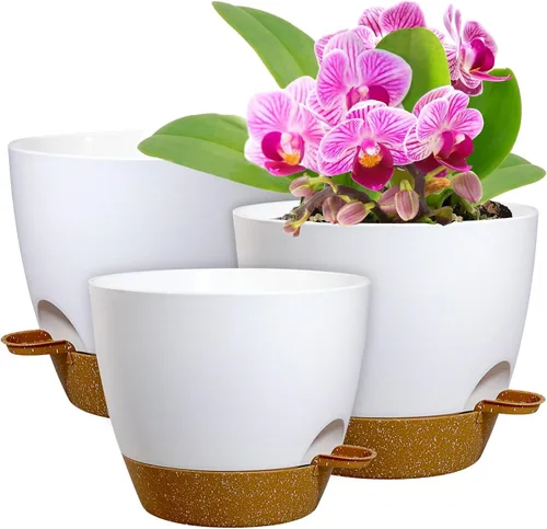 Vista 10 de WSMKSZ Macetas de riego automático medianas de 10/9/8 pulgadas, macetas con agujeros de drenaje de malla para plantas de jardín de interior y Negro