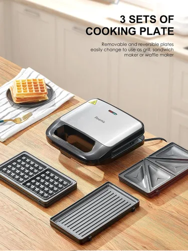 Vista 2 de Reemix Máquina 3 en 1 para Waffles, Parrilla y Sándwiches, Prensa Panini y Plancha para Waffles con Placas Antiadherentes Removibles, Perfecta