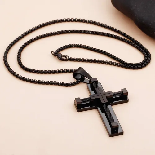Vista 5 de YL Collar de cruz para hombre de acero inoxidable 316L con colgante grande de Jesucristo, color blancodoradonegro, cadena Rolo para 20, 22, 24, 26