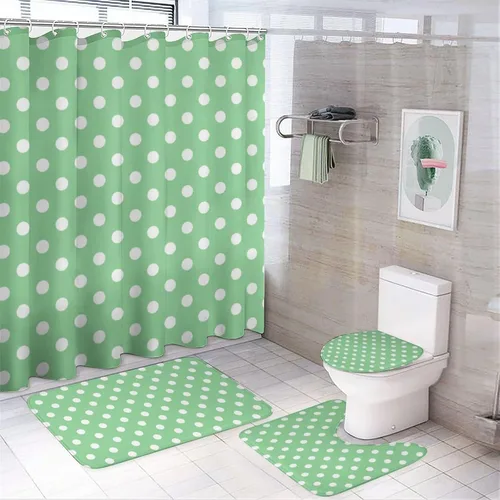 Vista 65 de Juego de 3 alfombras de baño con diseño de lunares, color azul aguamarina, antideslizante, con contorno en forma de U y tapa de inodoro