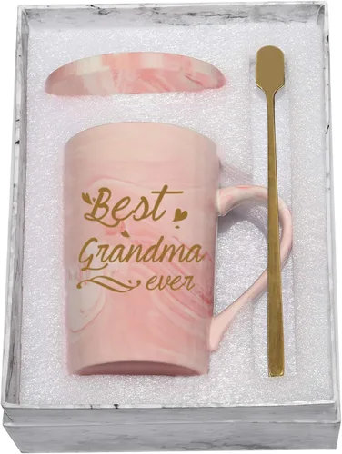 Vista 9 de Taza "Best Grandma Ever" Regalos de Café Cumpleaños Día de las Madres para de Nieta Nieto Nietos Nietos 14 Onzas Caja de Regalo con Cuchara y Tapete