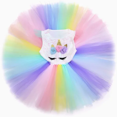 Vista 2 de GC Disfraz de unicornio para niñas vestido de tutú de arco iris con diadema atuendo de princesa para fiesta de cumpleaños Arcoiris Rainbow