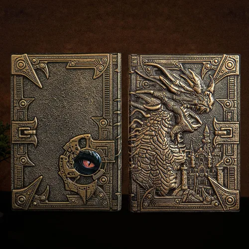 Vista 4 de Cuaderno de escritura de diario de dragón en relieve 3D con juego de bolígrafos, diario DND de tapa dura hecho a mano, bloc de notas diario