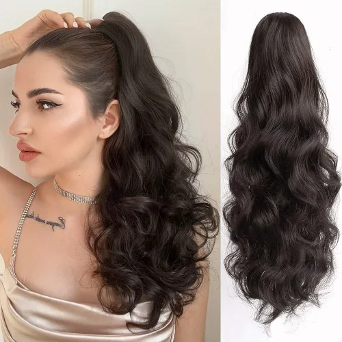 Vista 35 de Extensión de cola de caballo de garra negra natural ondulada de 16 pulgadas, extensiones de cabello sintético rizado con clip, extensiones