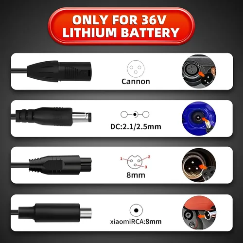 Vista 6 de Cargador de scooter eléctrico de repuesto de 42 V 2 A con certificación UL para cargador Hoverboard de 36 V con 5 enchufes, compatible con adaptador