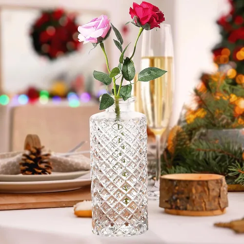 Vista 4 de Botellas de vidrio transparente con tapas, jarrones a granel, juego de 12 mini jarrones de flores para decoración de mesa, botella pequeña
