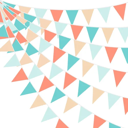 Vista 10 de Pancarta verde aguamarina de 32 pies para decoración de fiesta, bandera triangular, banderines de tela para boda, cumpleaños, compromiso, novia