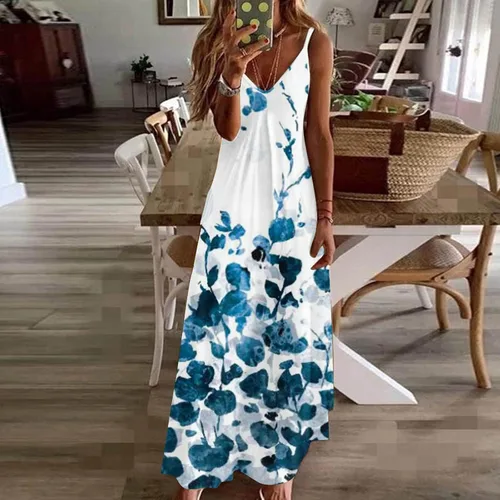 Vista 3 de anuyalue Vestidos de verano para mujer 2023 con cuello en V, sin mangas, vestido largo sexy para la playa, vestido largo y lindo, vestido bohemio