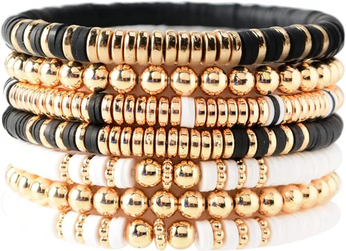 Vista 8 de Pulseras de cuentas de arcilla estilo heishi surfista para mujer con discos de vinilo y dije de mal de ojo apilables pulseras elásticas de amistad