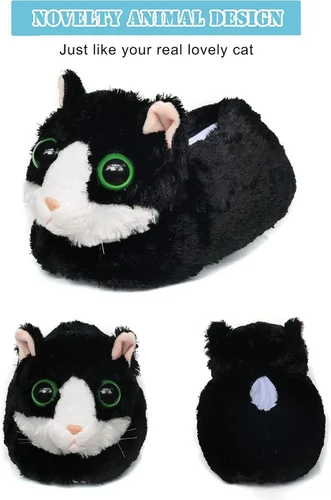 Vista 2 de Pantuflas de gato de invierno mullidas de felpa suave para hombres, mujeres y niños, gato encantador con ojos grandes, Negro