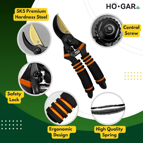 Vista 6 de HO.GAR Kit de tijeras de podar de titanio de alta calidad: podadoras manuales profesionales resistentes, tijeras de jardinería, tijeras ergonómicas.