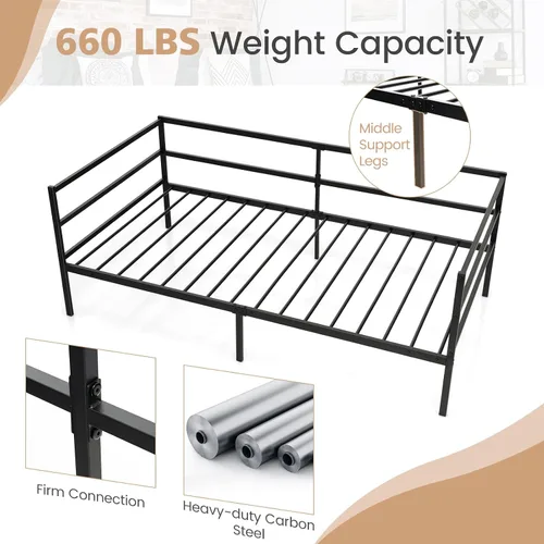 Vista 4 de Giantex Marco de cama de metal tamaño individual, cama de día con soporte de listones de metal y barandillas de 3 lados, sofá cama 2 en 1 que ahorra