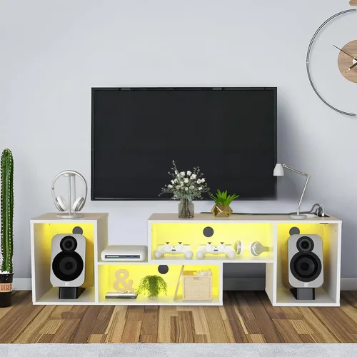 Vista 8 de DKLGG Soporte de TV LED, moderno centro de entretenimiento en forma de L con 19 modos de luz LED, almacenamiento y tomas de corriente