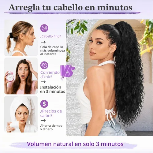 Vista 6 de Extensión de cola de caballo con cordón, extensión de cola de caballo larga y rizada para mujeres negras, extensiones de cabello negro de 26