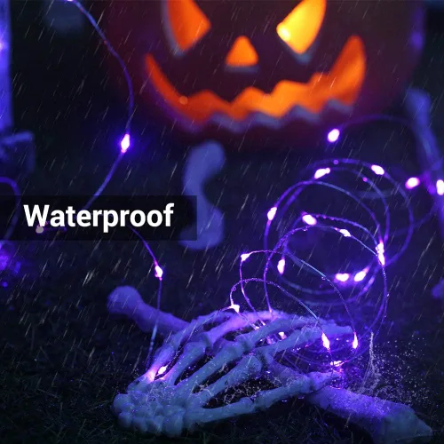 Vista 7 de BrizLabs Luces moradas de Halloween, 19.47 pies, 60 luces LED de Halloween, 8 modos de luz morada con control remoto, luz parpadeante impermeable al