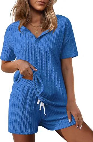 Vista 3 de Ekouaer Conjunto de pijama de punto acanalado para mujer, conjunto de 2 piezas, camiseta de manga corta y pantalones cortos, conjuntos de pijama