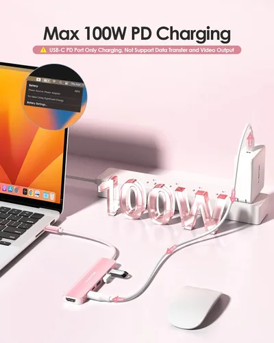 Vista 4 de LENTION Hub USB C, multipuerto con HDMI 4K a 60Hz, 3 puertos USB-A, puerto de datos USB-C, puerto PD de 100 W, compatible con MacBook Pro/Air, Oro