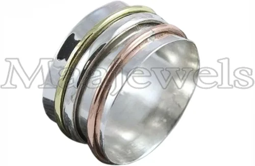 Vista 2 de Artisan Silver Jewelry, Spinner Ring, Sterling Silver Ring, Boho Ring, Thumb Ring, Wide Band, Fidget Ring, Gift For Women, Three Tone Ring, Delicate