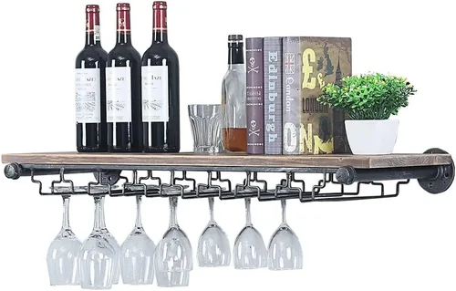 Vista 10 de Estante de vino industrial montado en la pared con soporte para 5 vidrios,Estante flotante para copas de vino,Estantería de tubo de 24 pulgadas