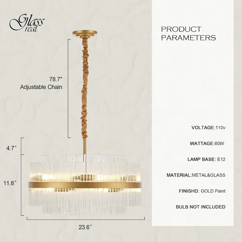 Vista 2 de 23.6" Lámparas de araña doradas modernas, candelabro de vidrio redondo de 2 niveles para comedor, 12 luces, lámparas colgantes para vestíbulo