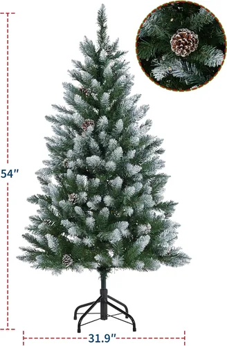 Vista 3 de Árbol de Navidad Artificial Preiluminado de 4.5 Pies, Árbol de Pino de Navidad con Piñas, 150 LEDs y 352 Puntas - Soporte con Bisagras, Árboles