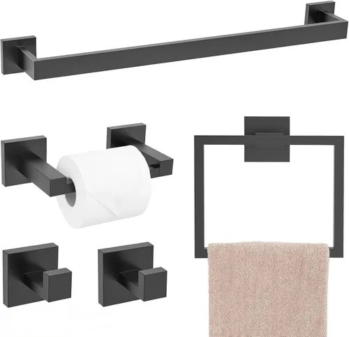 Vista 23 de Juego de 4 soportes para toallas de baño, juego de accesorios de baño de acero inoxidable negro y dorado, montaje en pared, 23.6 pulgadas