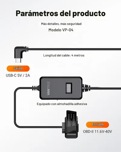 Vista 9 de VANTRUE Cable de alimentación con cableado directo OBD de pantalla LED USB USB-C de 10 pies, 3 niveles de potencia, protección de bajo voltaje